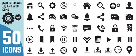 Collection of 50 essential modern flat design icons for web and mobile applications representing various functions and actions © SaHeD