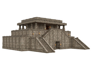 Isolated 3D render of an ancient fantasy temple building from corner perspective.