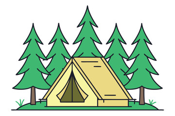 Yellow Camping Tent Surrounded By Green Pine Trees On A White Background nature outdoors