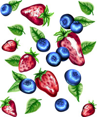 Nature-inspired pattern featuring fresh strawberries and blueberries surrounded by abundant leaves