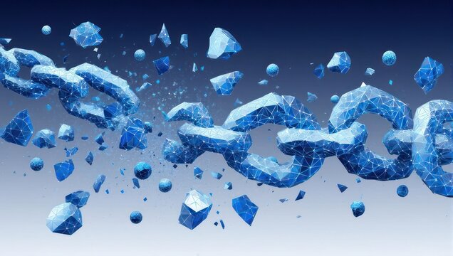 Dynamic digital chain links shattering into crystalline fragments, symbolizing innovation and data transformation in a futuristic network.