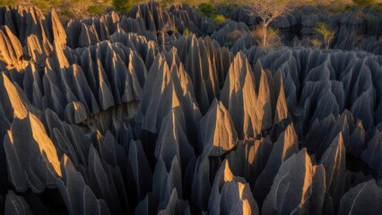 Obraz premium Stunning limestone formations at sunset cast dramatic shadows revealing otherworldly jagged peaks bathed in warm golden light