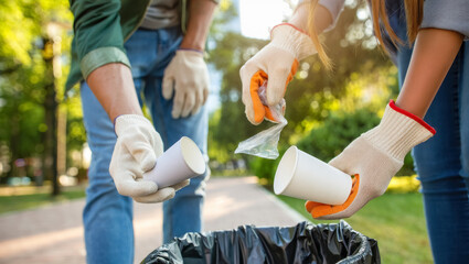Two people wearing gloves pick up paper cups and plastic waste, throwing garbage into a black trash bag while cleaning a park on a sunny day, promoting community care and cleanliness