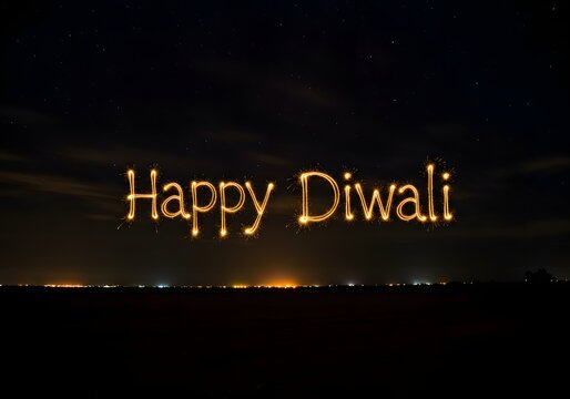 Diwali happy diwali text illuminated by sparklers against a dark night sky filled with stars, with distant city lights creating a warm glow on the horizon