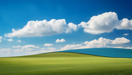 A Minimalist Landscape Painting Features A Blue Sky With Puffy White Clouds Above A Green And Blue Field