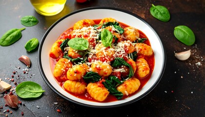 Plate of gnocchi with tomato sauce and spinach
