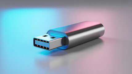 Sleek metallic usb flash drive with modern design on gradient background