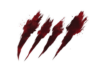 Dramatic claw marks with blood splatter on a transparent background for graphic design elements.