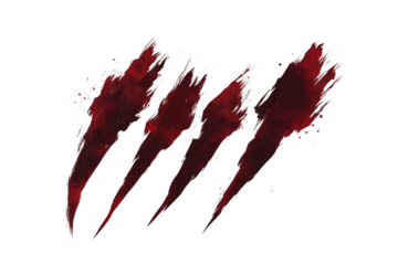 Dramatic claw marks with blood splatter on a transparent background for graphic design elements.