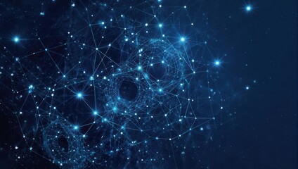 Dynamic abstract network of glowing blue nodes and connections shimmering in deep space, representing data flow and digital connectivity