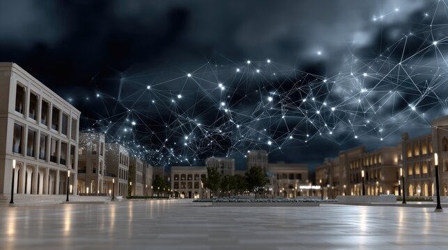 Futuristic digital networks glow in the night sky above an adobe palace, reflecting light on ground surfaces against distant mountains