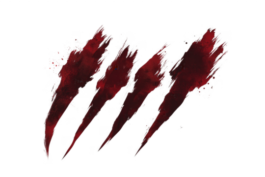 Dramatic claw marks with blood splatter on a transparent background for graphic design elements.