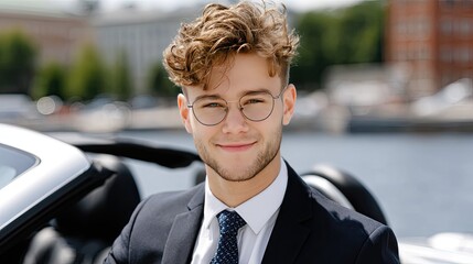 A businessman in a suit drives a convertible by the sea, smiling in the sunlight with a blurred city backdrop