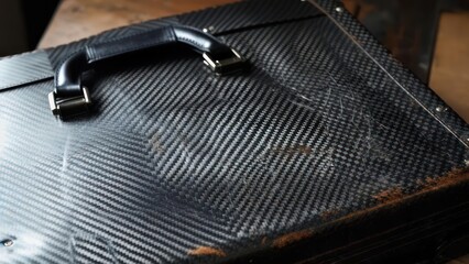 Luxury carbon fiber briefcase handle and textured surface detail, exuding modern sophistication and professional elegance for discerning business travelers.