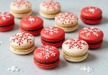 Fototapeta premium A variety of festive red and white macarons decorated with unique snowflake designs