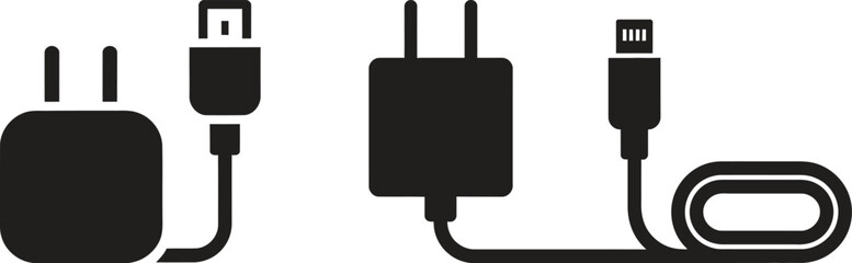 Two black silhouette icons of usb power adapters and cables