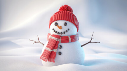Smiling snowman with red knit hat and scarf in soft winter snow