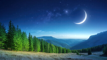 Serene night landscape with crescent moon above mountain forest