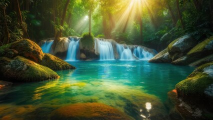 Obraz premium Escape to a tranquil jungle paradise with a cascading waterfall and vibrant turquoise pool, bathed in ethereal sunbeams filtering through lush canopy.