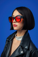 Stylish Woman in Black Leather Jacket with Red Sunglasses