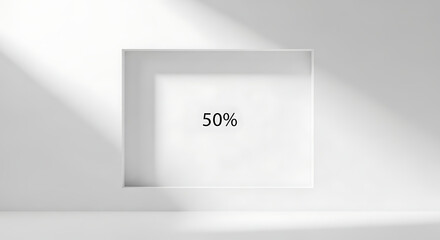 Obraz premium Minimalist White Room with a Framed 50 Discount Display and Natural Light