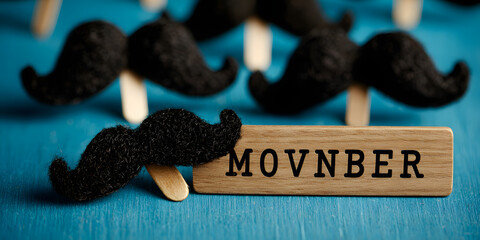 Black moustaches on wooden stick on blue background. Healthy Lifestyle, Supporting the "Movember" movement within initiatives focused on men's health. Banner with copy space