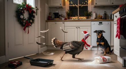 Funny thanksgiving scene of a turkey in Santa hat flee and bolts through a festive kitchen, scattering flour and feathers as a dog watches it