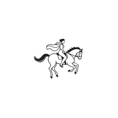 Black and white line art of a beautiful woman with perfect body riding horse elegant minimalist illustration