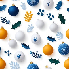 A vibrant arrangement of holiday decorations showcases red berries, soft cotton, gold ornaments, and green leaves, embodying festive cheer SEAMLESS PATTERN