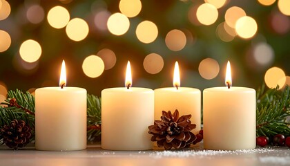 Four lit candles with greenery and pine cones in front of bokeh lights