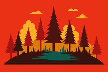 Fototapeta premium Stylized forest landscape with pine trees and a pond under a vibrant sunset sky