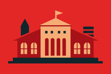 Stylized illustration of a building with arches and windows on a red background