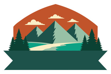 Stylized mountain landscape with trees and clouds in a geometric emblem