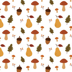 Autumn Seamless Pattern with Mushrooms, Acorns, Leaves, Pears and Berries in Flat Style