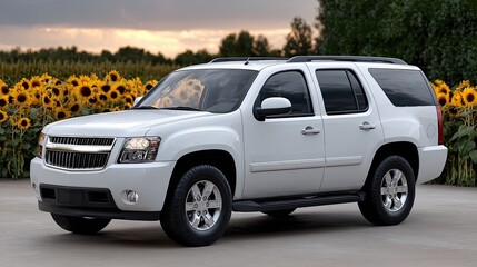 A white SUV navigates a winding road as a stunning sunset casts a golden hue over a field of sunflowers and tall trees.