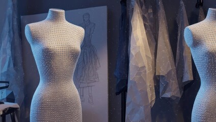Elegant mannequin displays intricate fashion design sketch and shimmering fabrics in a sophisticated studio setting, inspiring creativity.