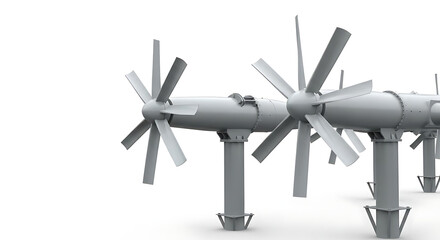 A row of gray tidal stream generators with six blades each against a white background in a studio shot ai generated