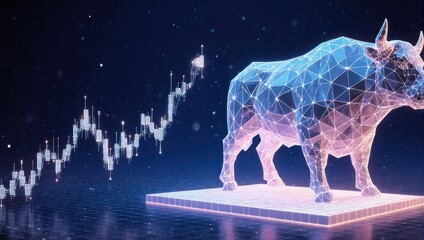 Dynamic digital bull charges forward alongside ascending stock market chart representing financial growth and investment opportunity