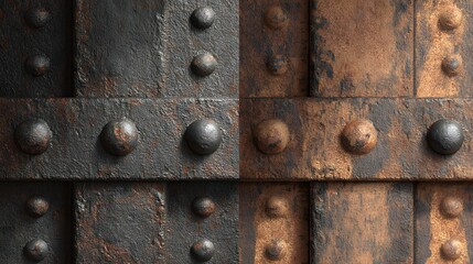 Close up of riveted metal panels with contrasting dark and rusty textures background rivets