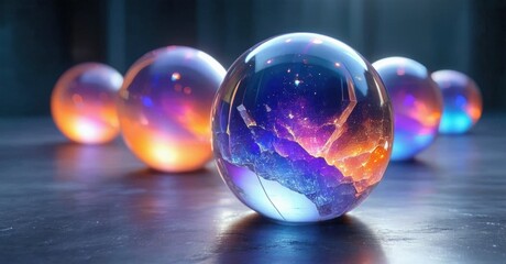 Glowing spheres display colorful galaxy interiors. Dramatic lighting creates reflections on dark surface. Beautiful, surreal composition.