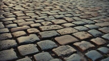 Textured cobblestone pathway offers timeless charm and rustic appeal, perfect for historical projects and urban backdrops.
