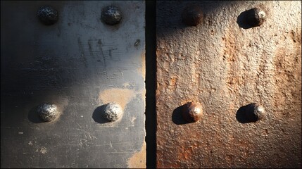 Close up of riveted metal plates one weathered and rusty the other smooth and gray texture