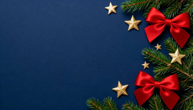 Festive Christmas background with red bows and gold stars on pine branches