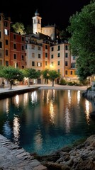 Fototapeta premium Captivating harbor views at night reveal colorful buildings illuminated by lights, creating a serene atmosphere from the yacht s deck