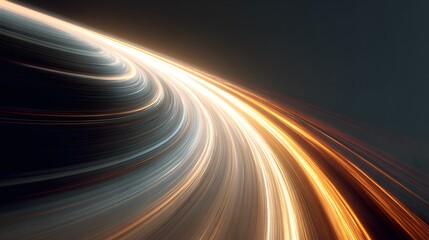 Abstract light streaks curving across dark background with glowing orange and white lines energy motion