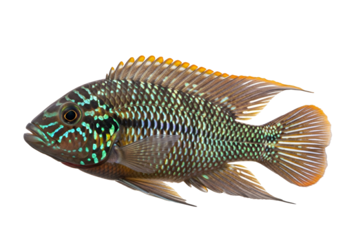 Vividly colored cichlid fish, showcasing intricate patterns and scales, is presented against a stark black background.