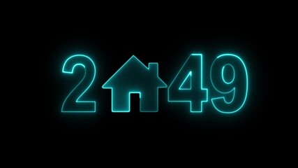 Businessman pointing at 2049 with a glowing house icon representing real estate growth and market innovation. Motion graphics of property investment with 2049. neon house icon and 2049 text animation.