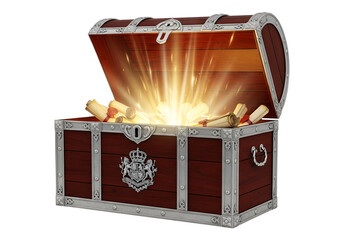 An antique wooden chest bursts open, revealing scrolls and radiating light.