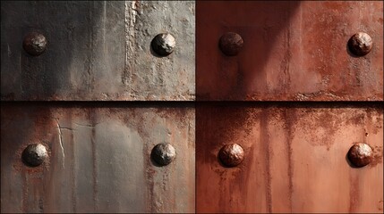 Four panels of weathered metal with rivets showing rust and texture image