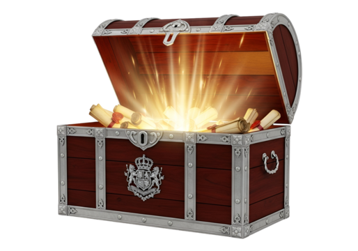 An antique wooden chest bursts open, revealing scrolls and radiating light.